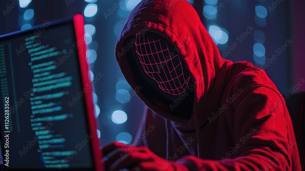 Poster mysterious hacker in hoodie with glowing grid face and code pattern