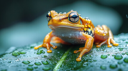 Naklejka premium A tiny frog sitting on a leaf with raindrops glistening around it