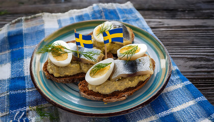 pickled, herring, bread, with, in, mustard, sauce, egg, arugula, cod, roe, pastes, morrebrod, new, close up, food, sandwich, meal, snack, schweden, swedish, matjes, breakfast, lunch, fish, plate, wood