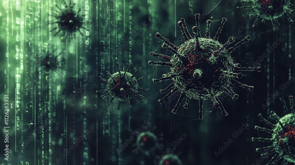 Poster digital representation of viruses with binary code background