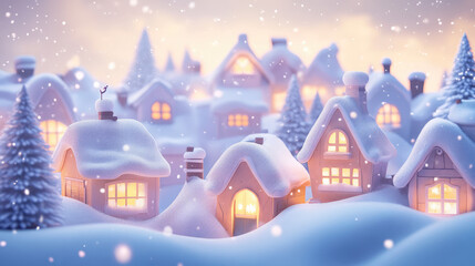 Fototapeta premium A snowy village with houses with white roofs and windows lit up