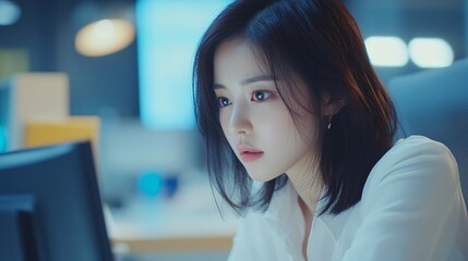 Naklejka premium Young Woman Concentratedly Working at a Computer