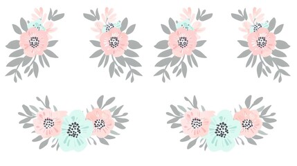 Beautiful floral arrangements featuring soft pastel colors and delicate greenery, perfect for wedding invitations, stationery, and home decor designs