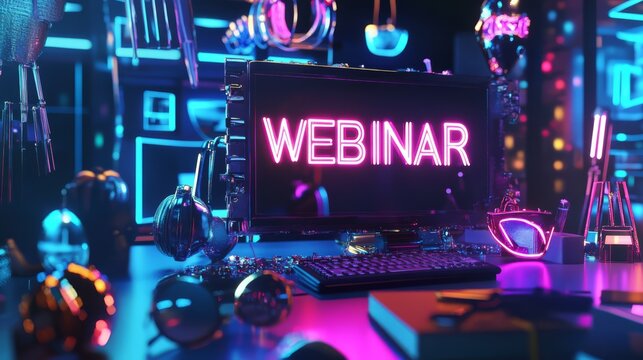Neon Webinar:  A captivating image of a computer screen displaying the word "WEBINAR" in vibrant neon pink, set against a futuristic, neon-lit backdrop.