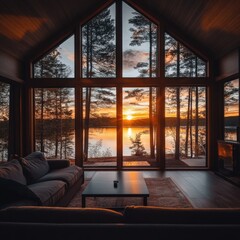 Fototapeta premium cozy cabin interior with sunset view over the lake