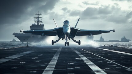 Fighter Jet Taking Off from Aircraft Carrier in Stormy Weather - Dramatic Mid-Flight Shot with Ship in Background.