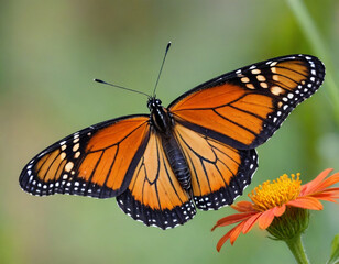 Fototapeta premium Monarch butterfly, vibrant orange wings, black veins, white spots, yellow flowers, green leaves, soft focus background, macro photography, detailed wings, nature close-up, delicate insect, pollinator,