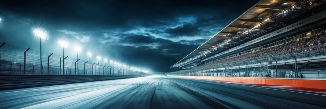 Nighttime Speedway: Dark Sky, Bright Lights, and Spectators in Stadium at Empty Race Track, High Angle View