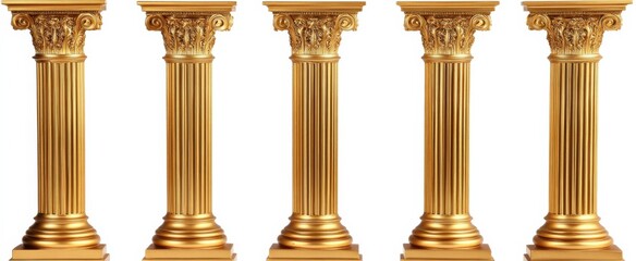 Ornate luxury: Six tall golden columns in unique designs with intricate patterns and polished finish, arranged in overlapping rows.