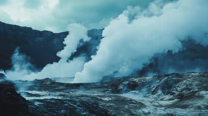 Obraz premium Powerful Steam Erupting from Geothermal Springs in Remote Landscape