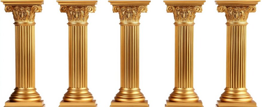 Ornate luxury: Six tall golden columns in unique designs with intricate patterns and polished finish, arranged in overlapping rows.