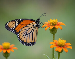 Fototapeta premium Monarch butterfly, vibrant orange wings, black veins, white spots, yellow flowers, green leaves, soft focus background, macro photography, detailed wings, nature close-up, delicate insect, pollinator,