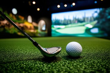 Golf Ball and Club on Artificial Turf with Blurred Golf Course Background - Professional Sports Concept Photography