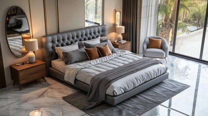 Bedroom design showcasing a grey king-size bed, soft cushions, marble flooring with warm wooden furniture, a modern lamp, and a large mirror enhancing the room's openness.