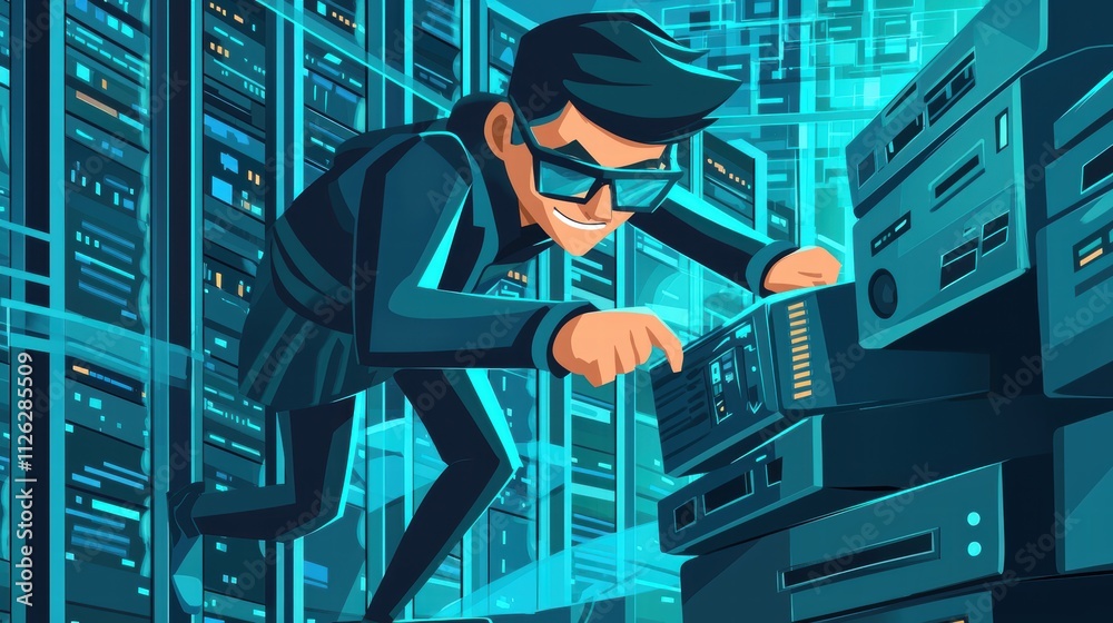 Poster technologist working on server rack in dark data center environment