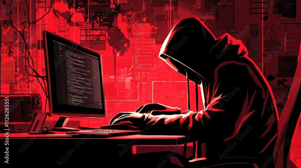 Poster mysterious hacker in dark room with computer and red background