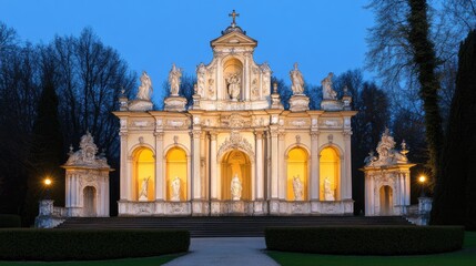Fototapeta premium Illuminated Classical Architectural Structure with Statues at Dusk