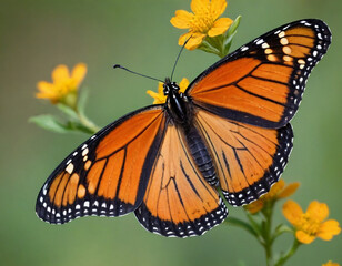 Obraz premium Monarch butterfly, vibrant orange wings, black veins, white spots, yellow flowers, green leaves, soft focus background, macro photography, detailed wings, nature close-up, delicate insect, pollinator,
