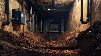 A basement scene showcasing plumbing pipes installed under the house foundation, with the surrounding earth removed to expose the work.