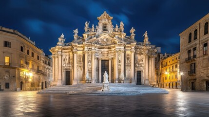 Obraz premium Stunning Baroque Architecture Illuminated at Night in Historic Square