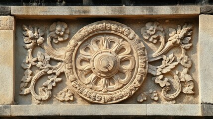 Intricate Stone Relief with Floral Design and Wheel Motif