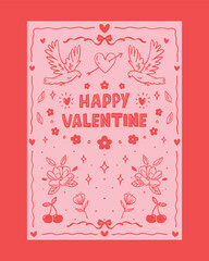 A classic Valentine’s Day poster featuring doves, roses, and heart elements, ideal for traditional decorations, greeting cards, or holiday campaigns.