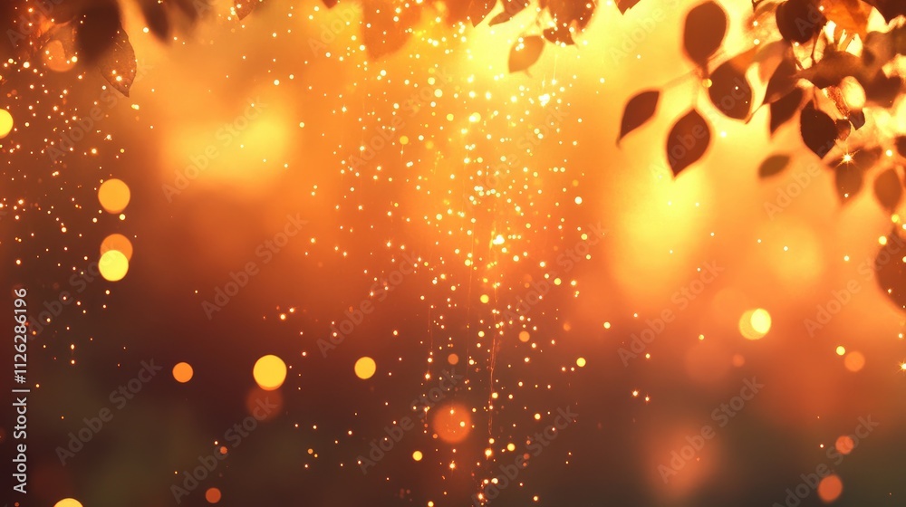Poster a cascade of golden falling stars lights up the sky, with vibrant bokeh lights drifting into the war