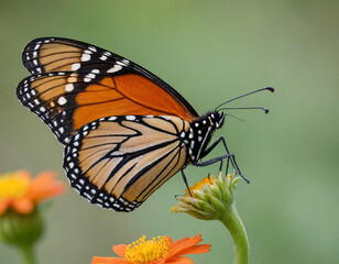 Fototapeta premium Monarch butterfly, vibrant orange wings, black veins, white spots, yellow flowers, green leaves, soft focus background, macro photography, detailed wings, nature close-up, delicate insect, pollinator,