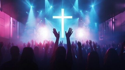 A big sign of the cross in the middle of a crowded venue with people raising their hands while bright lights and smoke are all over the stage, concert photography