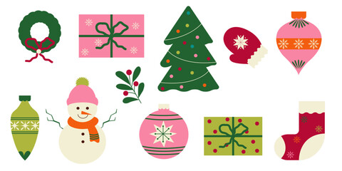 Christmas vector flat cartoon illustration set with winter holiday decorations design elements, festive ornament sticker collection