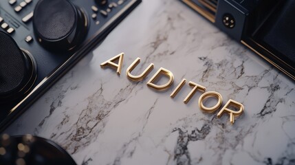Golden Auditor: The word "AUDITOR" spelled out in gold letters on a marble surface, with a blue and silver audio mixer in the background. This image evokes a sense of precision, expertise.