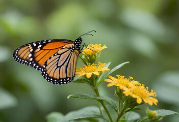 Fototapeta premium Monarch butterfly, vibrant orange wings, black veins, white spots, yellow flowers, green leaves, soft focus background, macro photography, detailed wings, nature close-up, delicate insect, pollinator,