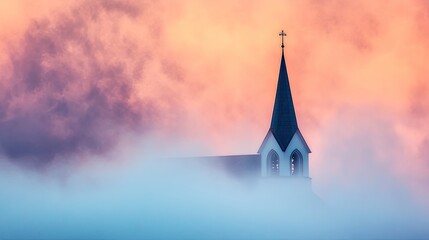 Obraz premium Ethereal Church Steeple Rising through Mystical Fog and Colorful Sky
