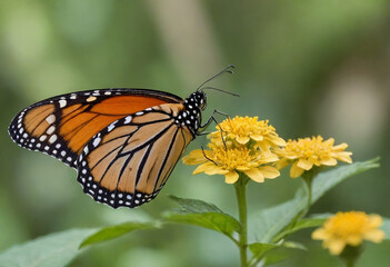 Fototapeta premium Monarch butterfly, vibrant orange wings, black veins, white spots, yellow flowers, green leaves, soft focus background, macro photography, detailed wings, nature close-up, delicate insect, pollinator,
