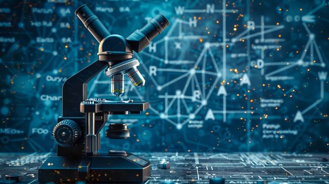 Isolated view of a high-end electron microscope with detailed structural elements, set against a background of scientific equations and molecular diagrams