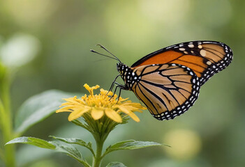 Obraz premium Monarch butterfly, vibrant orange wings, black veins, white spots, yellow flowers, green leaves, soft focus background, macro photography, detailed wings, nature close-up, delicate insect, pollinator,