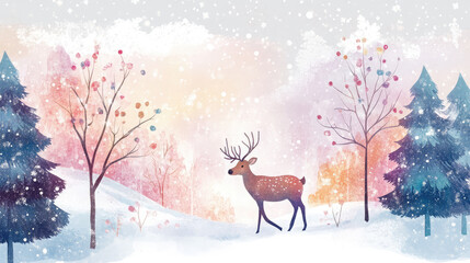 Obraz premium A deer is walking through a snowy forest with trees in the background