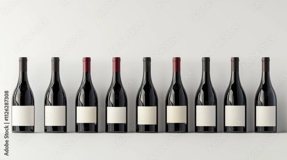 Poster A collection of red and white wine bottles with empty labels, placed neatly on a white background, ideal for custom design and marketing materials.