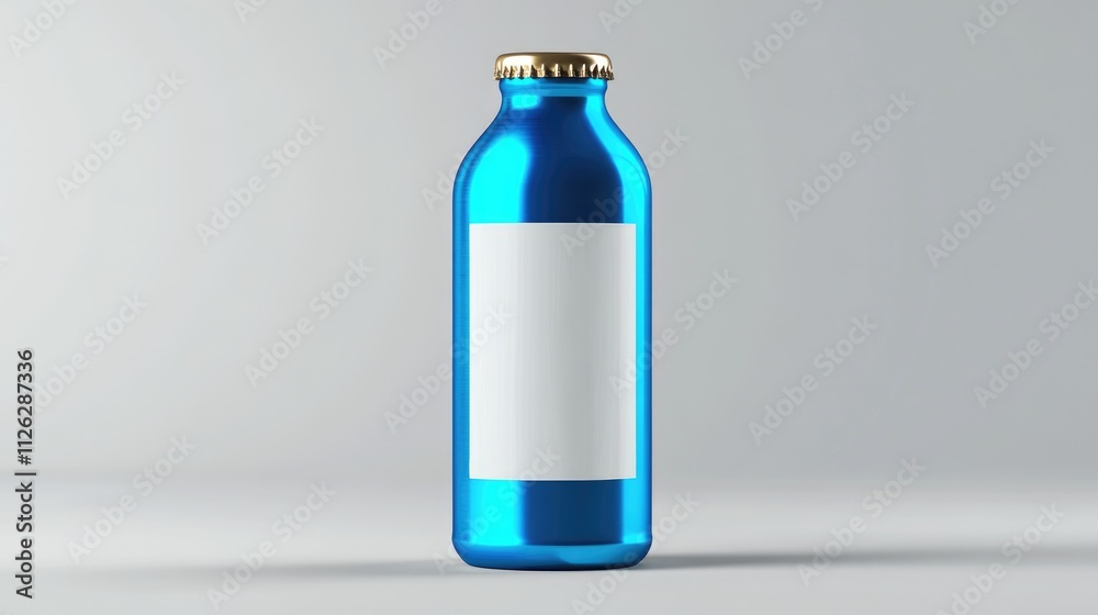 Poster a crisp image of a blue beer bottle with a blank white label, displayed against a simple grey backgr