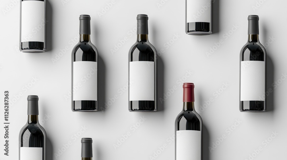 Poster A collection of red and white wine bottles with empty labels, placed neatly on a white background, ideal for custom design and marketing materials.