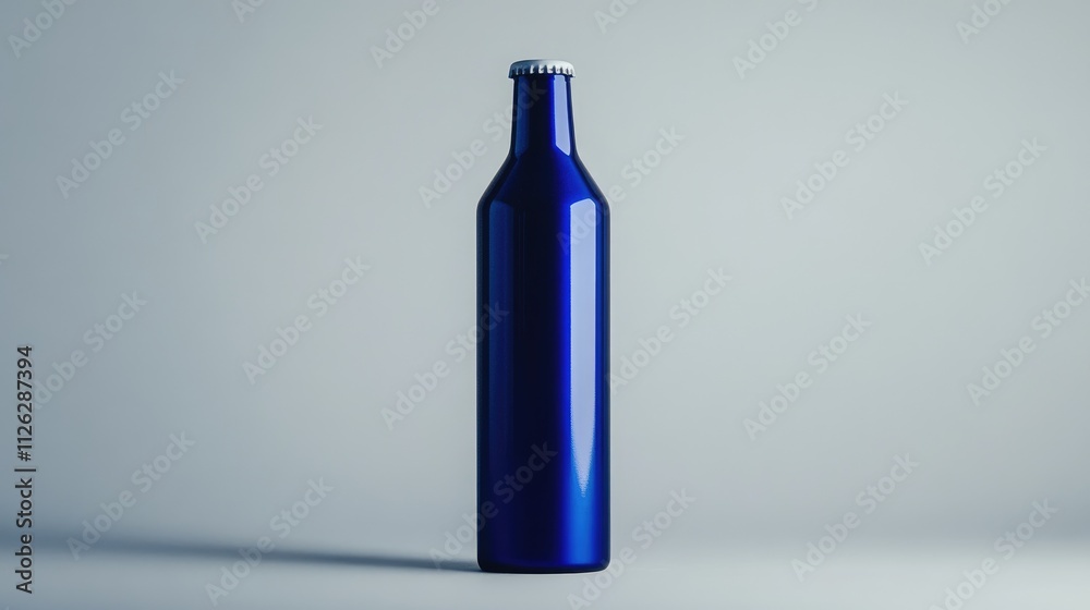 Poster a crisp image of a blue beer bottle with a blank white label, displayed against a simple grey backgr