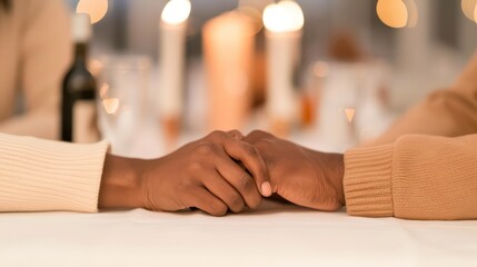 Obraz premium Romantic Moment of Connection Between Two People Holding Hands at a Candlelit Dinner, with Warm Ambient Light Creating an Intimate Atmosphere