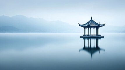 Tranquil Pagoda on Serene Water with Misty Mountain Background