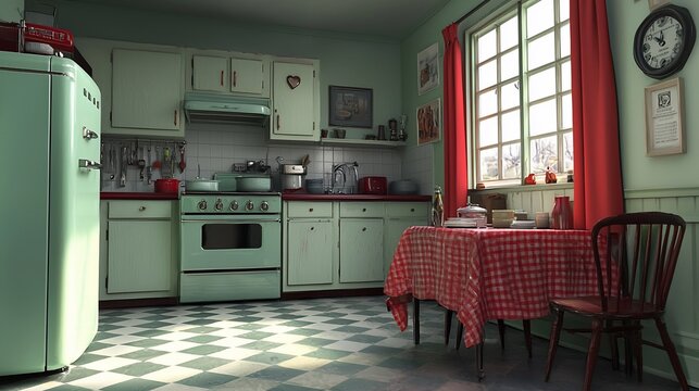 Retro 1950s kitchen interior with appliances, checkered floor, red tablecloth and window.