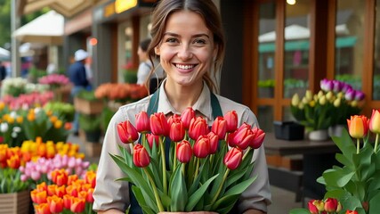 Cheerful florist arranging vibrant tulips at outdoor market stall