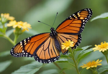 Fototapeta premium Monarch butterfly, vibrant orange wings, black veins, white spots, yellow flowers, green leaves, soft focus background, macro photography, detailed wings, nature close-up, delicate insect, pollinator,