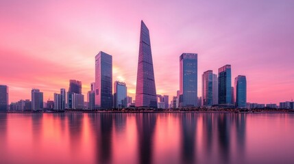 Obraz premium Triangulation control, A stunning skyline at sunset, featuring modern skyscrapers reflecting on calm waters under a vibrant pink sky.