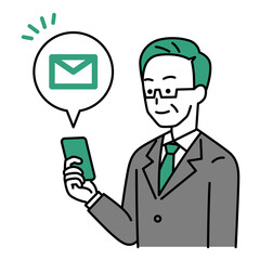 スマートフォンにメールが届く中年のスーツの男性