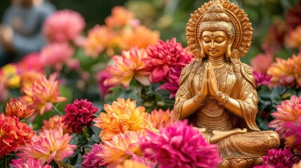 Fototapeta premium Golden Buddha Statue Surrounded by Colorful Floral Blossoms