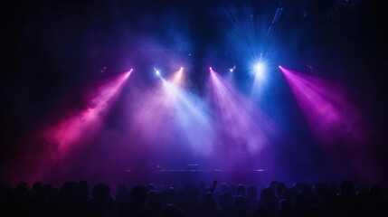 Stage light with colored spotlights and smoke. Concert and theatre dark scene.ai generative